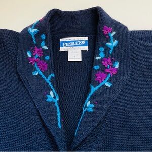 Pendleton Blue Wool Cardigan with Floral Embroidery